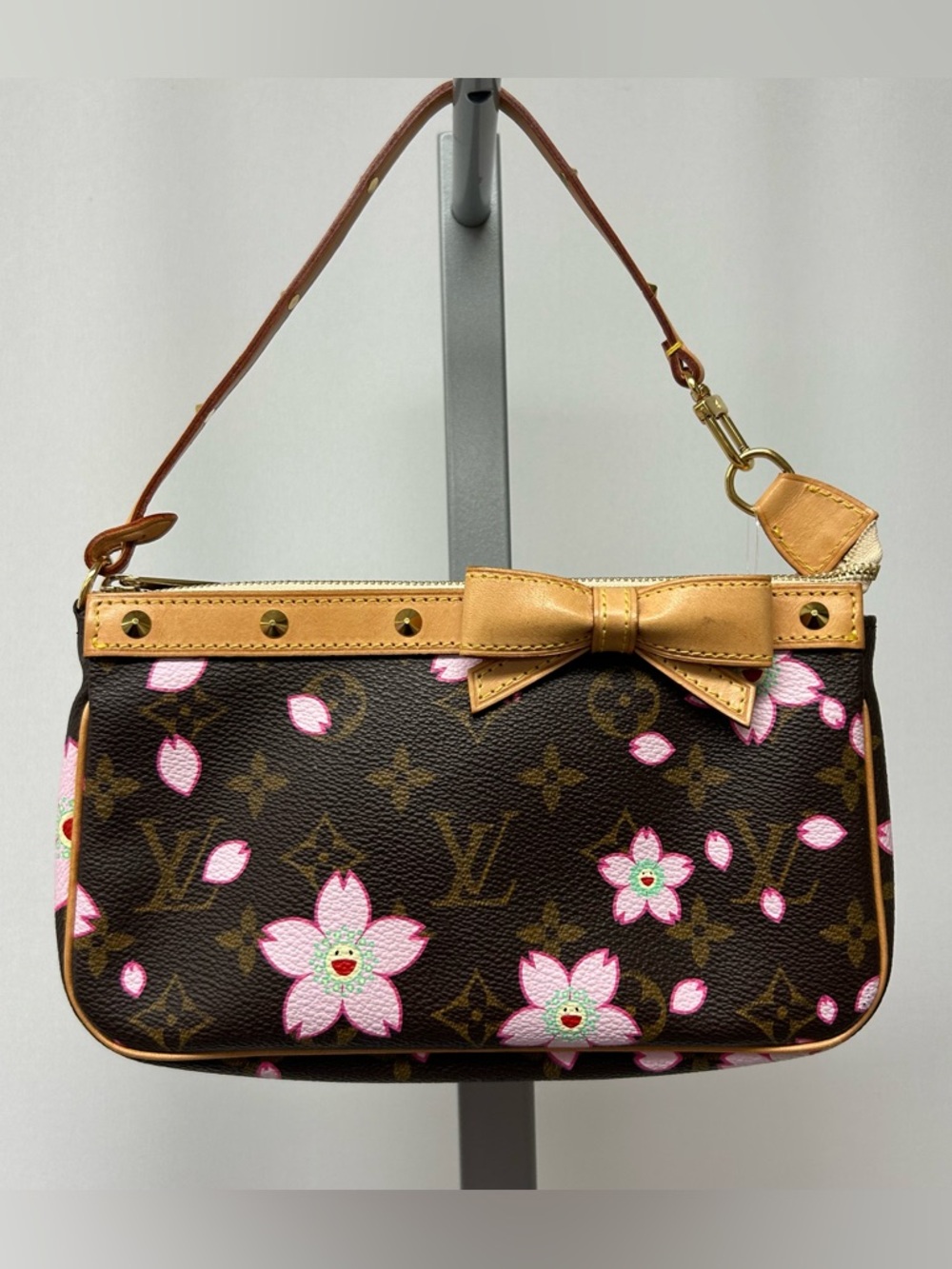 Louis Vuitton Brown Monogram Shoulder Bag with Pink Floral Print and Tan Bow